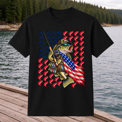 Patriotic Bass Fishing Graphic T-Shirt with American Flag Design