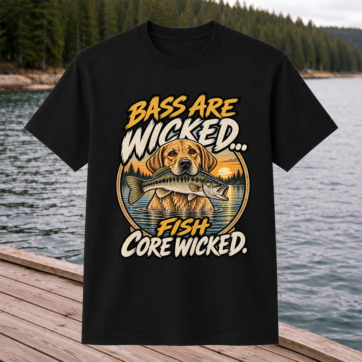 Bass Are Wicked Fish Core Wicked Dog Holding Bass Fishing T-Shirt