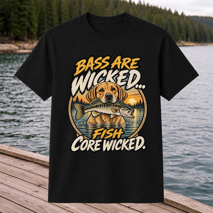 Bass Are Wicked Fish Core Wicked Dog Holding Bass Fishing T-Shirt