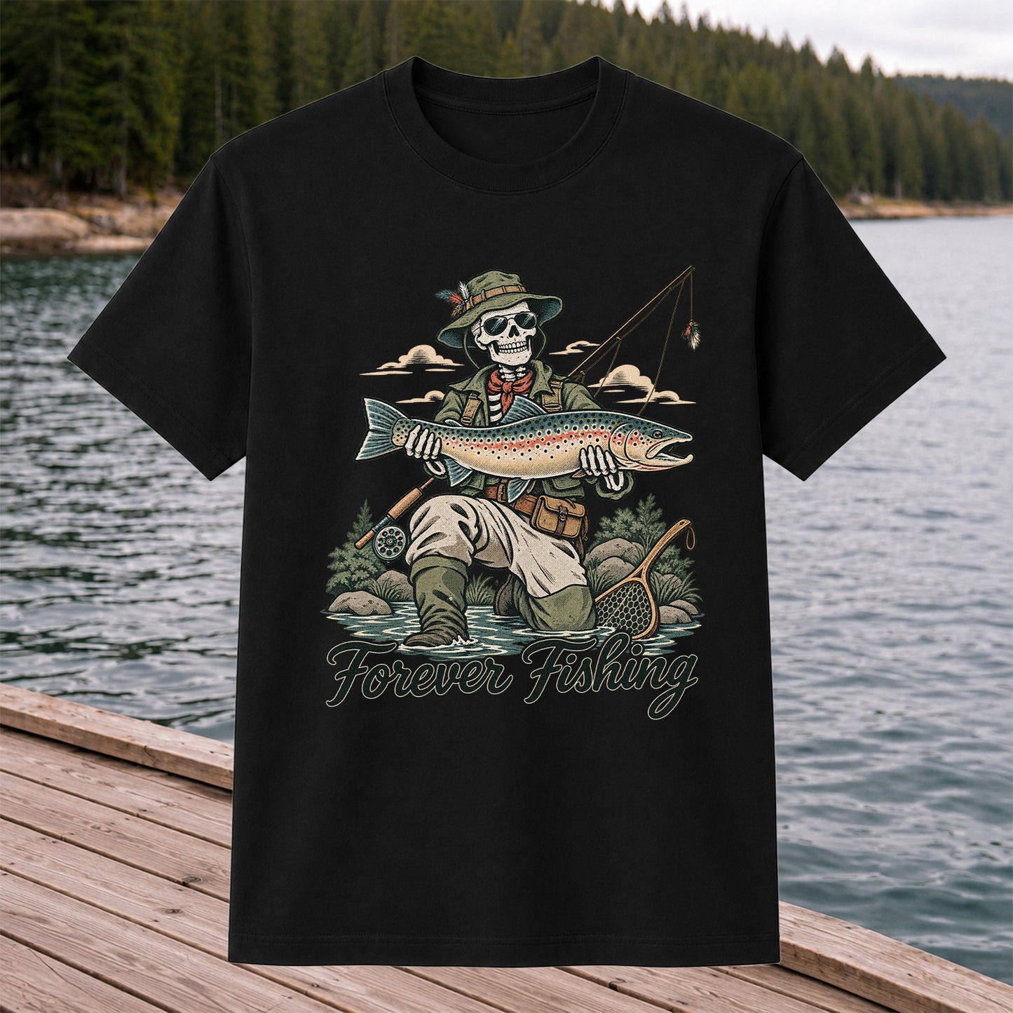Forever Fishing Skeleton Angler Holding Rainbow Trout Graphic T-Shirt