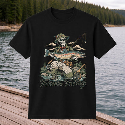 Forever Fishing Skeleton Angler Holding Rainbow Trout Graphic T-Shirt