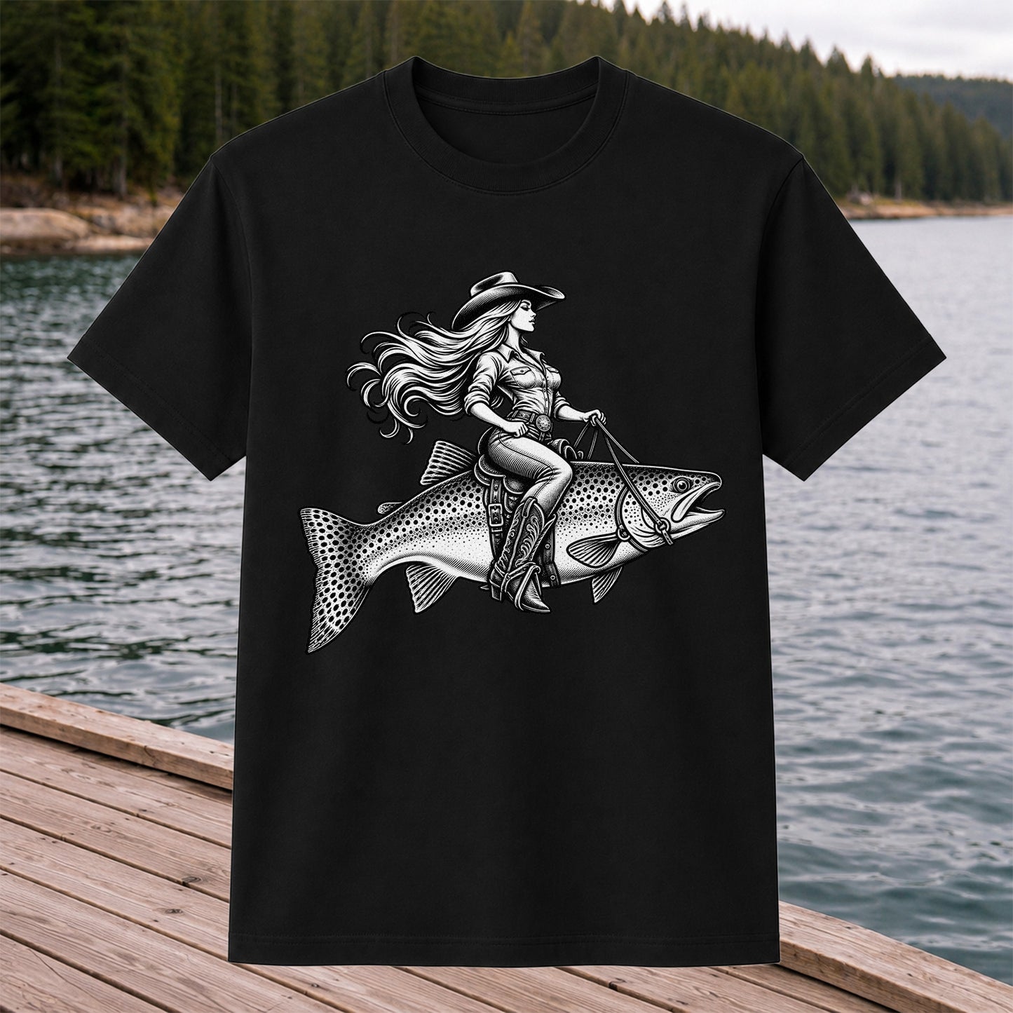 Cowgirl Riding a Trout Western Fishing Graphic T-Shirt