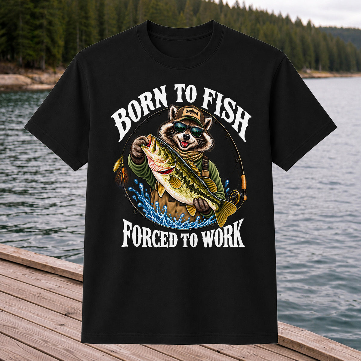 Born to Fish Forced to Work Raccoon Bass Graphic T-Shirt