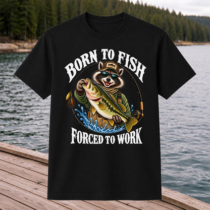 Born to Fish Forced to Work Raccoon Bass Graphic T-Shirt