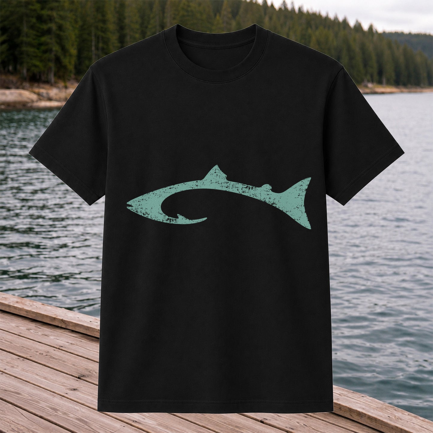 Distressed Salmon Fish Hook Silhouette Fishing T-Shirt