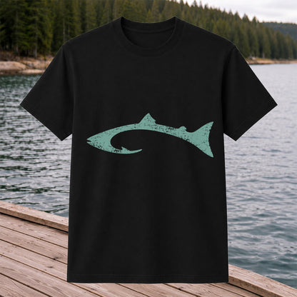 Distressed Salmon Fish Hook Silhouette Fishing T-Shirt