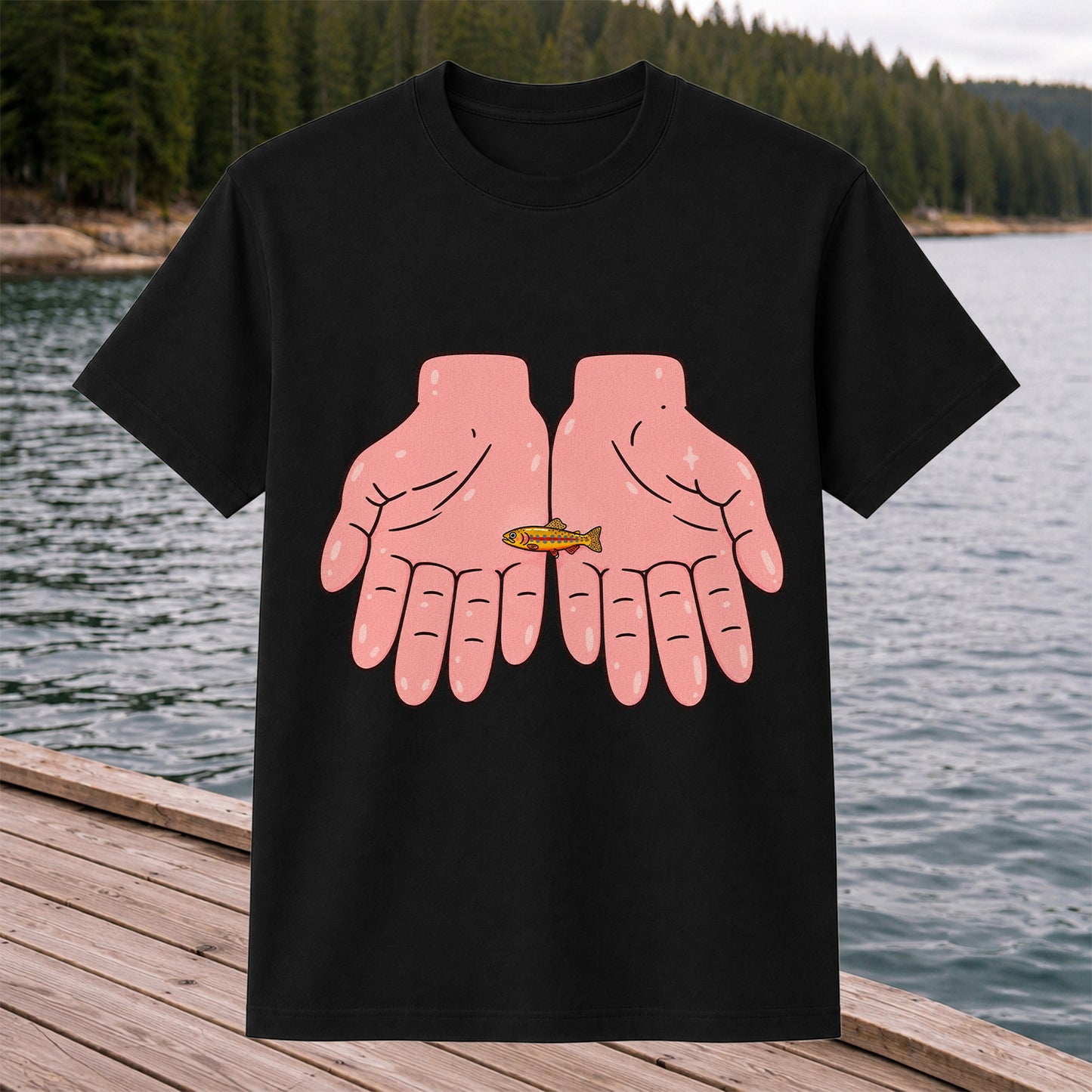Tiny Rainbow Trout in Two Hands Cute Fishing Graphic T-Shirt