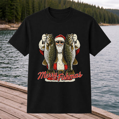 Santa Holding Bass Christmas Fishing Graphic T-Shirt
