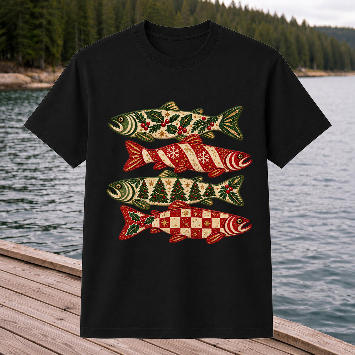 Christmas Trout Holiday Pattern Fishing Graphic T-Shirt