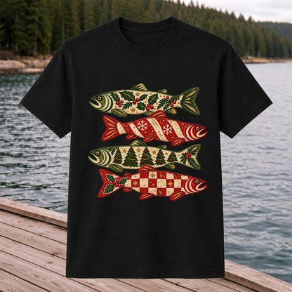 Christmas Trout Holiday Pattern Fishing Graphic T-Shirt