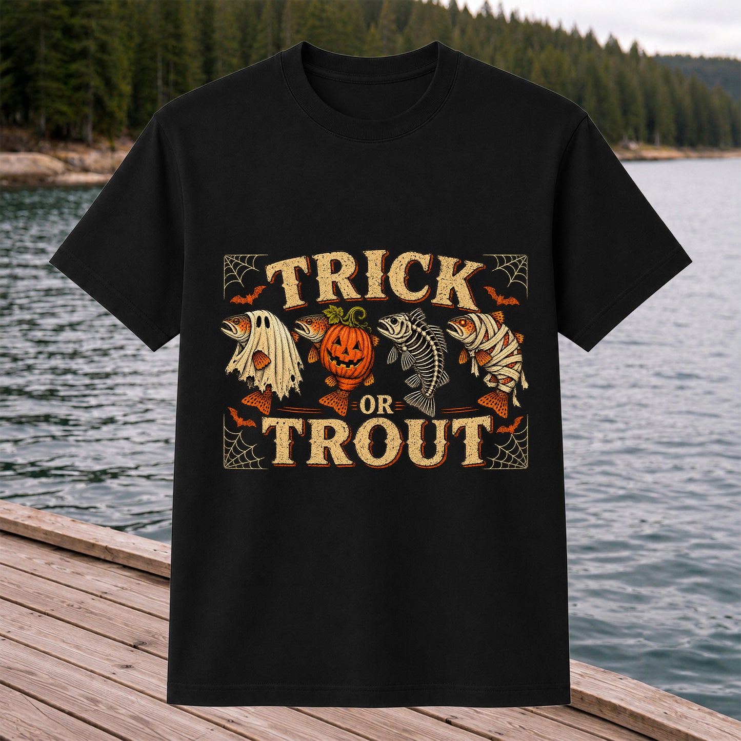 Trick or Trout Halloween Fishing Lineup Graphic T-Shirt