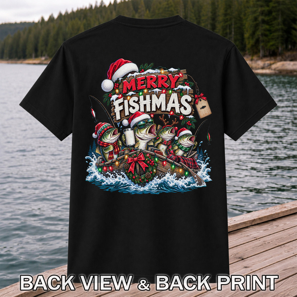 Merry Fishmas Christmas Bass in a Fishing Boat Graphic T-Shirt | Back Print