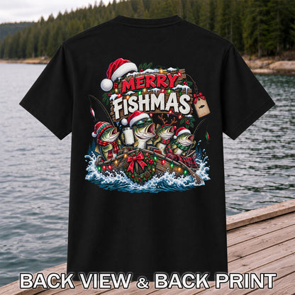 Merry Fishmas Christmas Bass in a Fishing Boat Graphic T-Shirt | Back Print