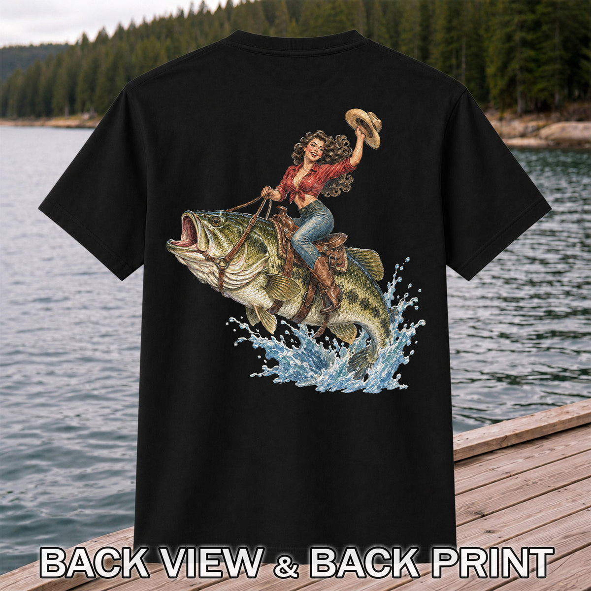Vintage Cowgirl Riding a Largemouth Bass Fishing Graphic T-Shirt | Back Print