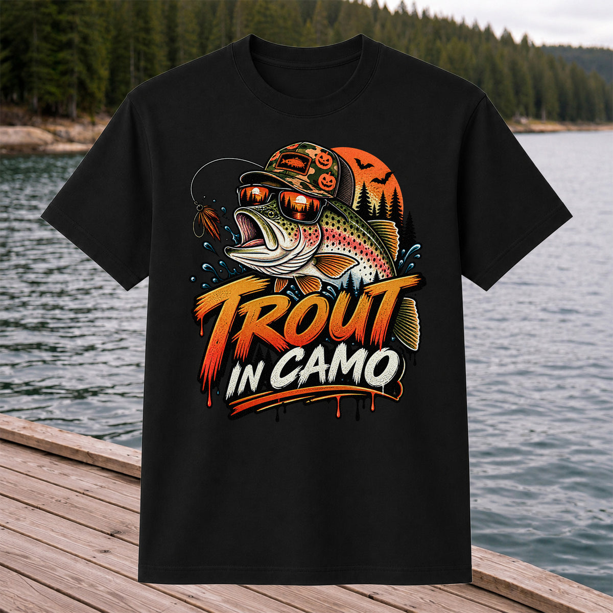 Trout in Camo Halloween Rainbow Trout Fishing Graphic T-Shirt