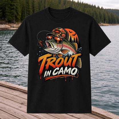 Trout in Camo Halloween Rainbow Trout Fishing Graphic T-Shirt