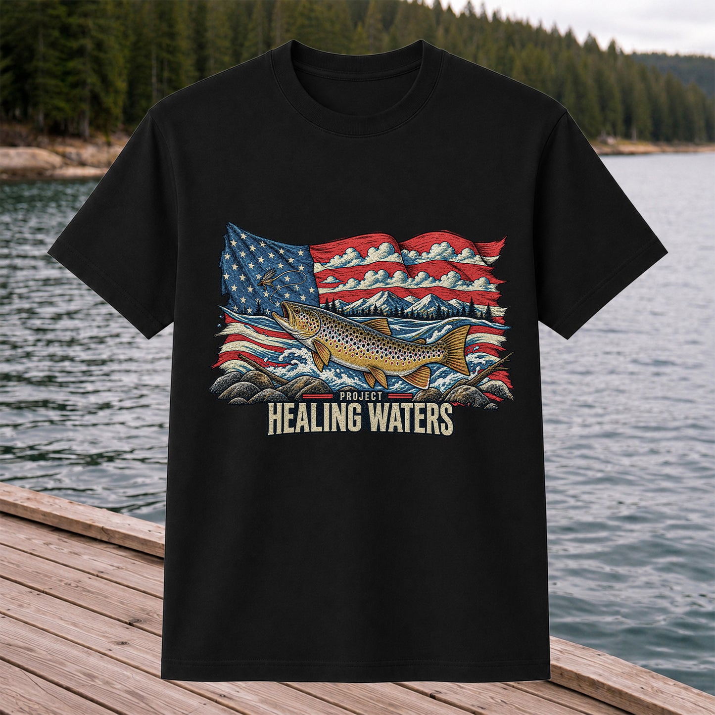Healing Waters American Flag Brown Trout Fishing Graphic T-Shirt