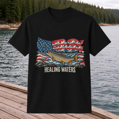 Healing Waters American Flag Brown Trout Fishing Graphic T-Shirt