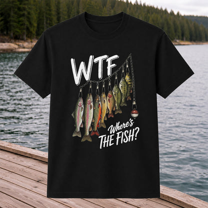 WTF Where's the Fish Trout and Bass Stringer Funny Fishing T-Shirt