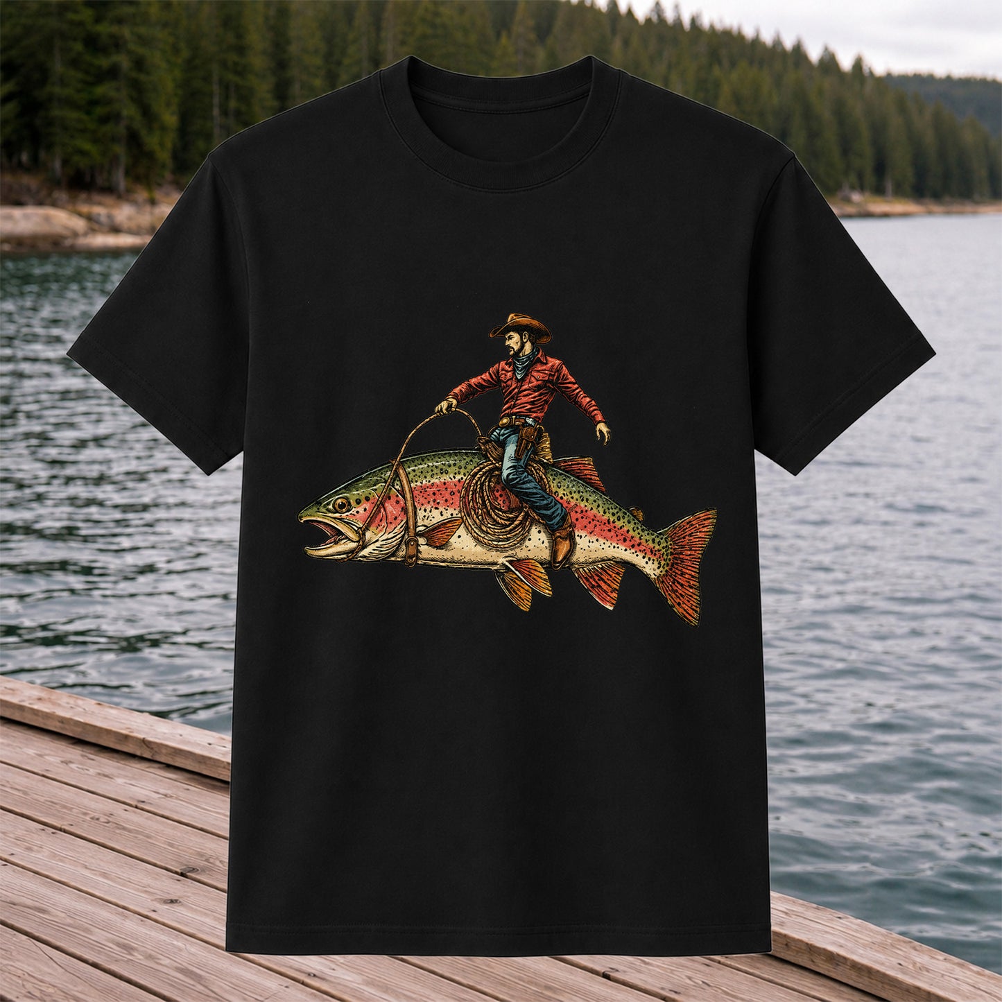 Cowboy Riding Rainbow Trout T-Shirt Vintage Western Fishing Tee