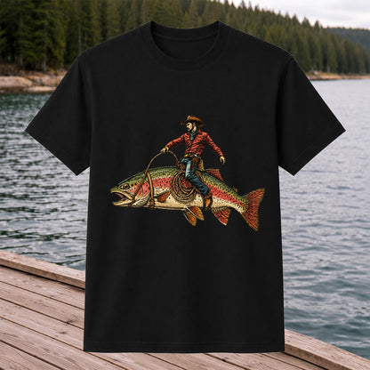 Cowboy Riding Rainbow Trout T-Shirt Vintage Western Fishing Tee