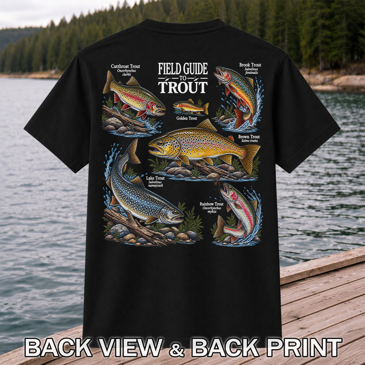 Field Guide to Trout Fishing Species Graphic T-Shirt | Back Print