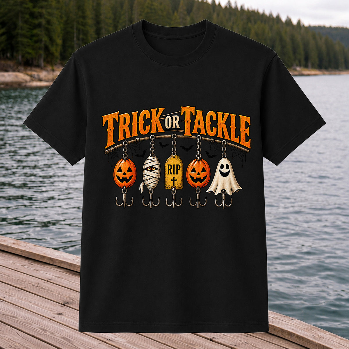 Trick or Tackle Pumpkin Ghost and Mummy Fishing Lures Halloween T-Shirt
