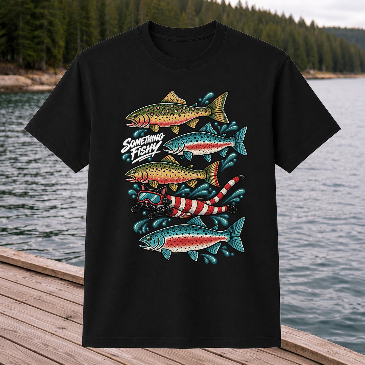 Something Fishy Trout and Snorkeler Fishing Graphic T-Shirt