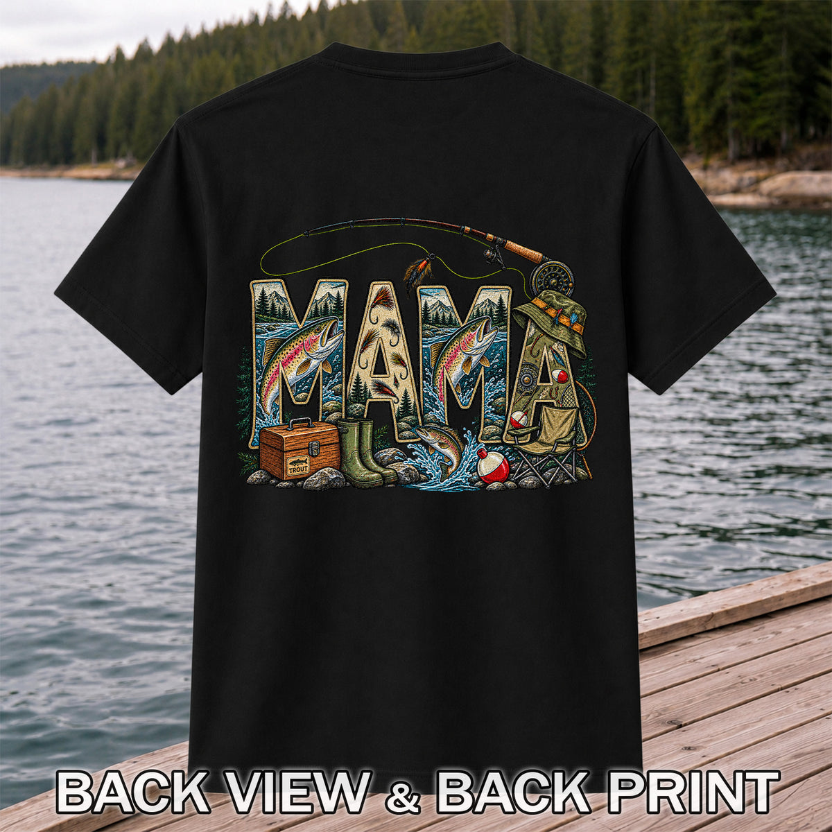 Mama Rainbow Trout Fly Fishing Vintage Graphic T-Shirt | Back Print