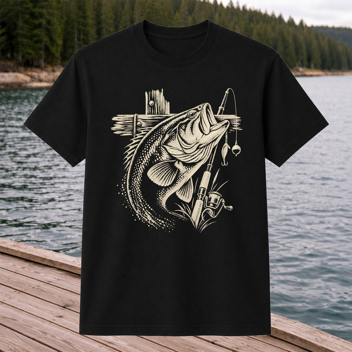 Largemouth Bass Fishing Rod Vintage Graphic T-Shirt