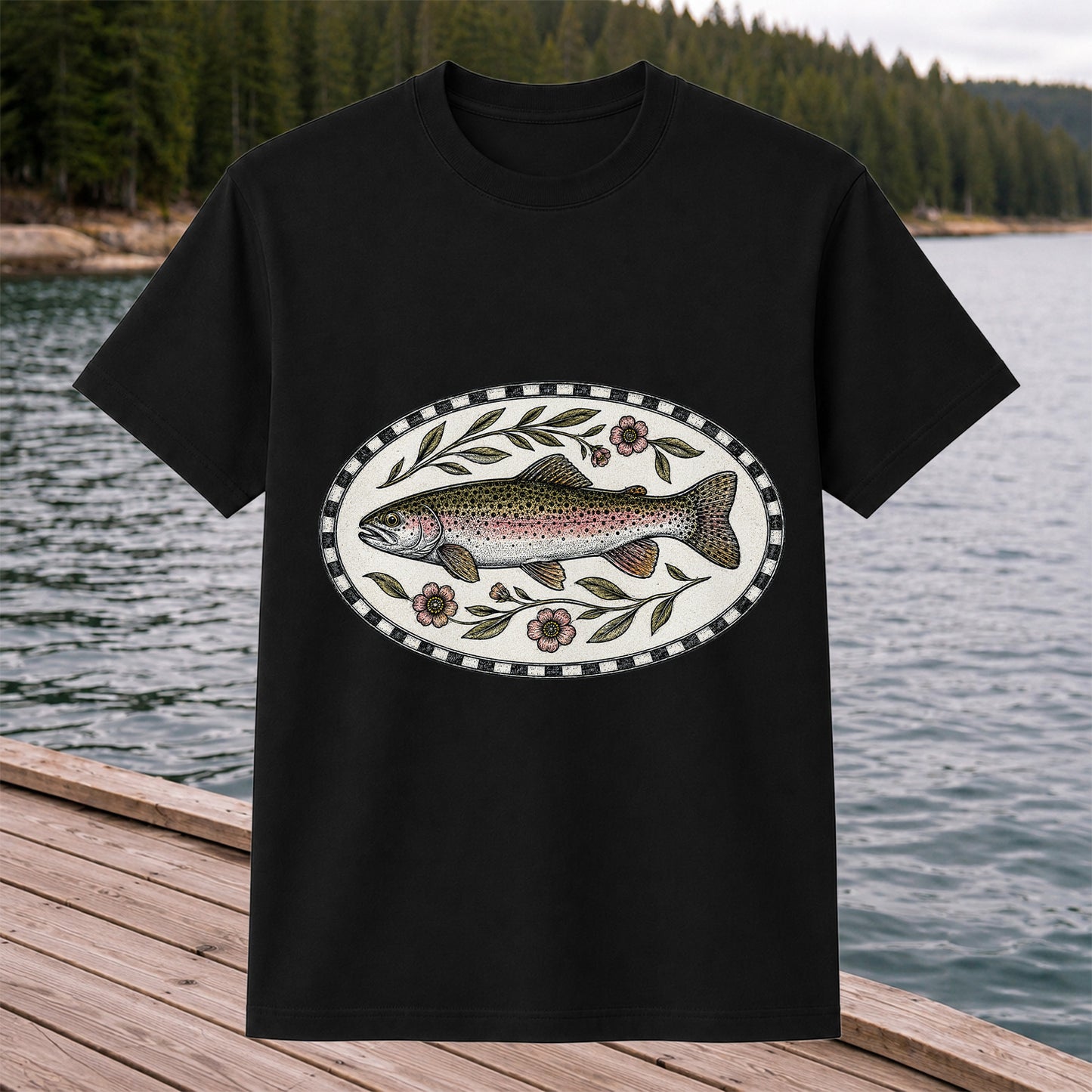 Vintage Floral Rainbow Trout Fishing Graphic T-Shirt