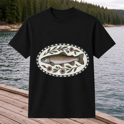 Vintage Floral Rainbow Trout Fishing Graphic T-Shirt