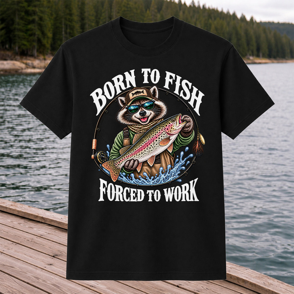 Born to Fish Forced to Work Raccoon Rainbow Trout T-Shirt