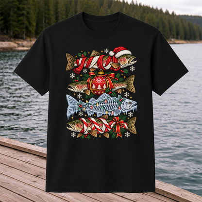 Christmas Rainbow Trout and Fish Skeleton Fishing Graphic T-Shirt