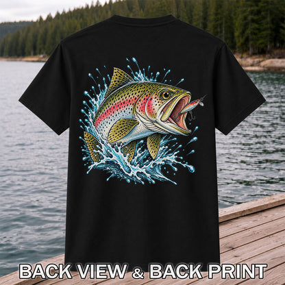 Rainbow Trout Striking a Fishing Lure Graphic T-Shirt | Back Print