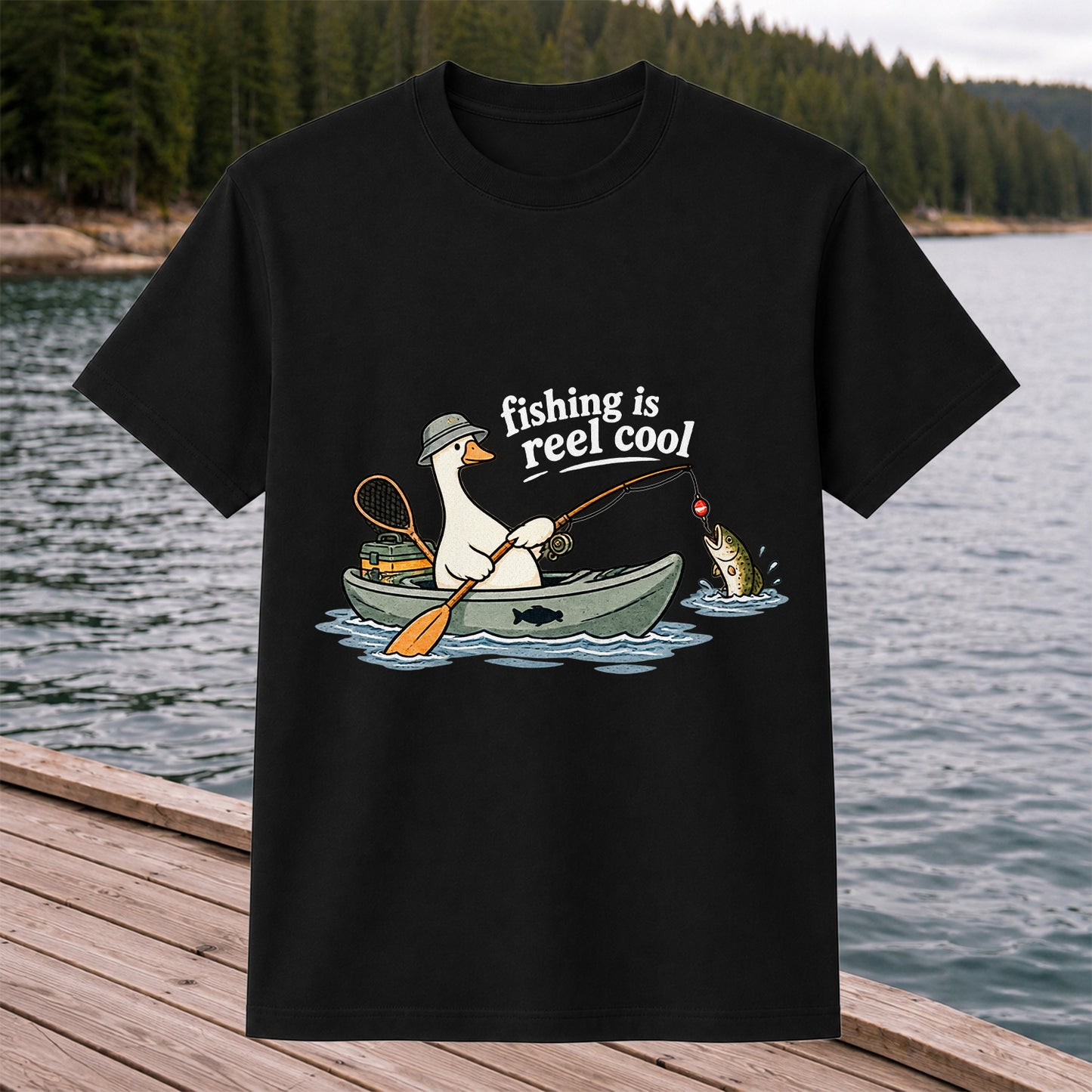Fishing Is Reel Cool Duck in Canoe Funny Fishing T-Shirt