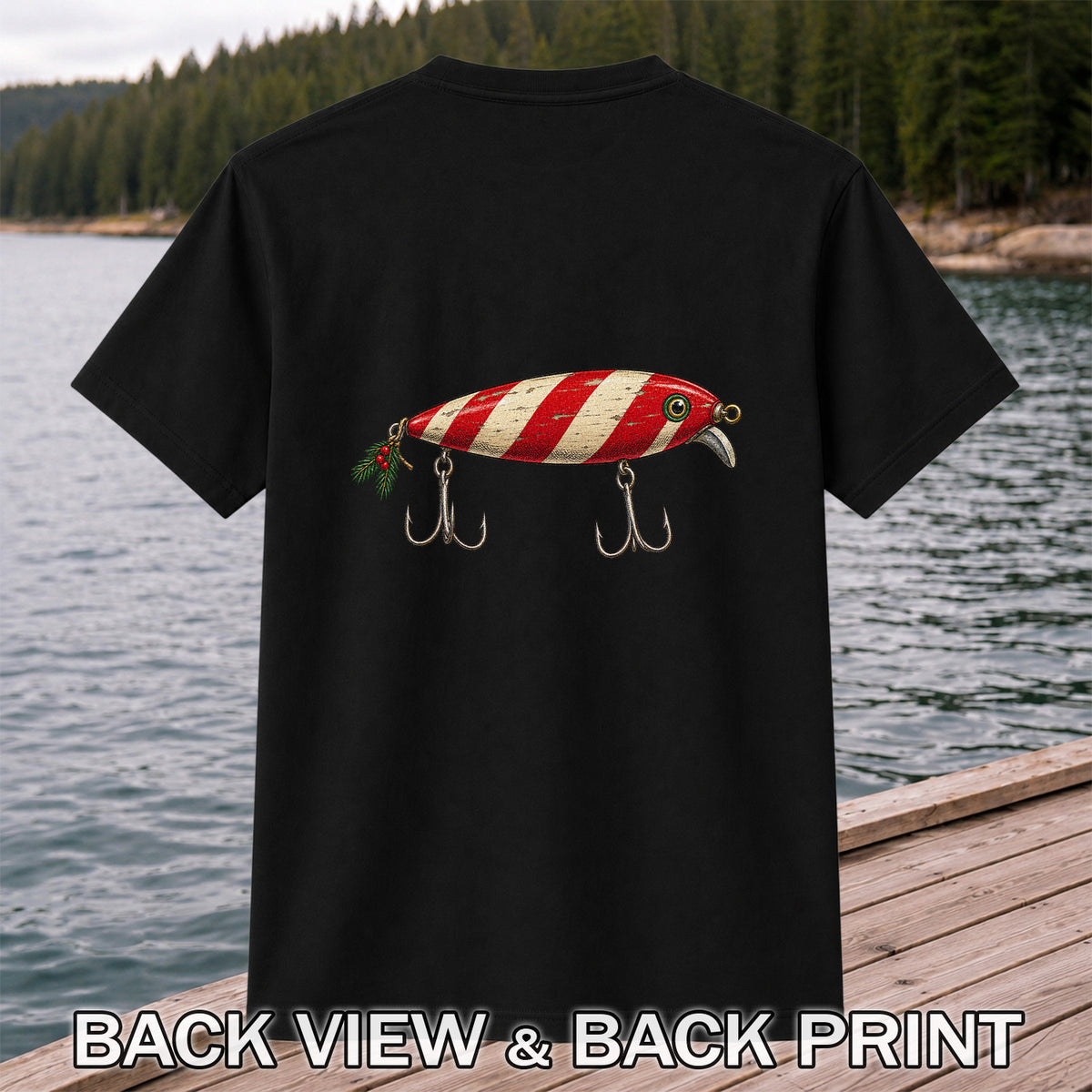 Vintage Red and Cream Fishing Lure Graphic T-Shirt | Back Print