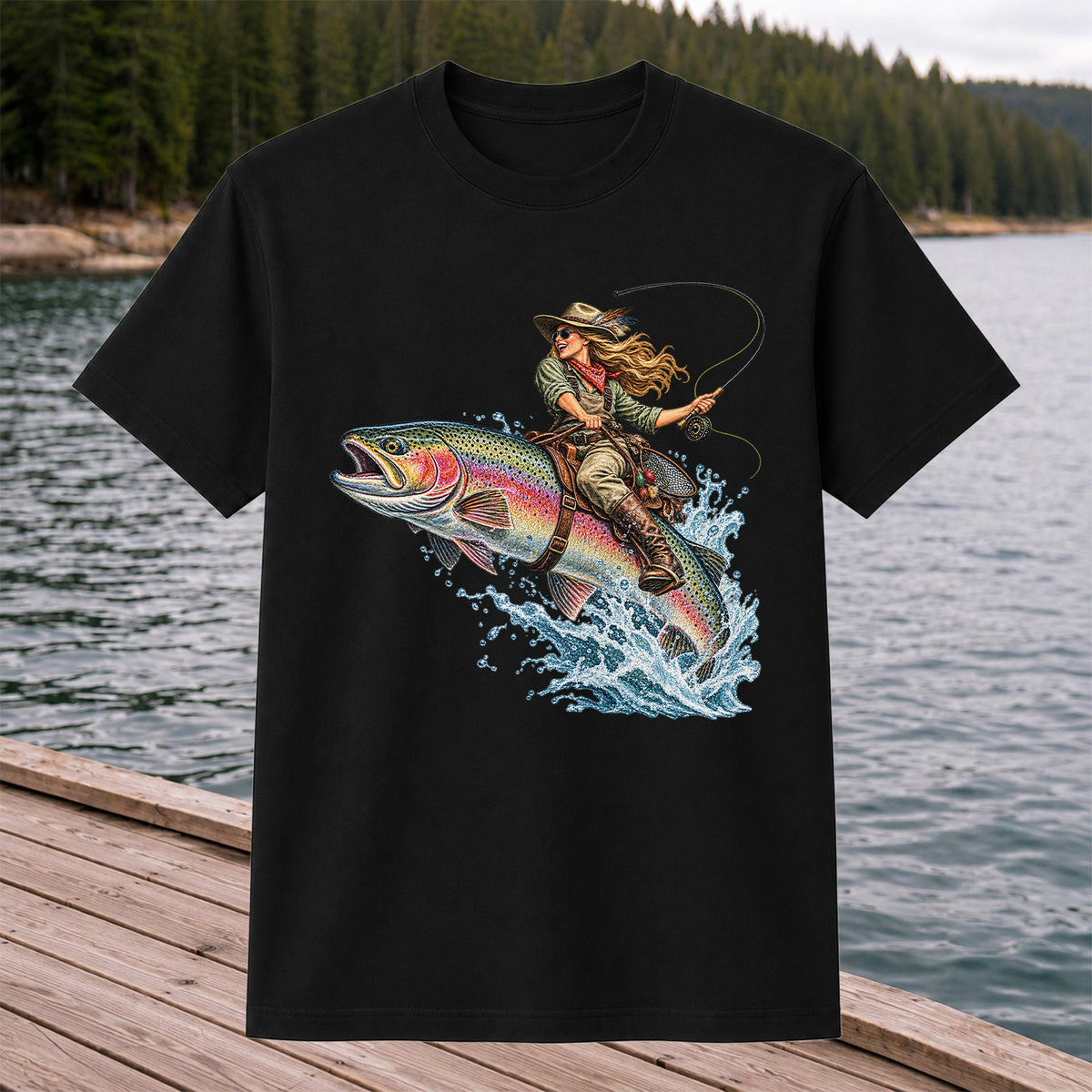 Cowgirl Riding a Rainbow Trout Fly Fishing Graphic T-Shirt