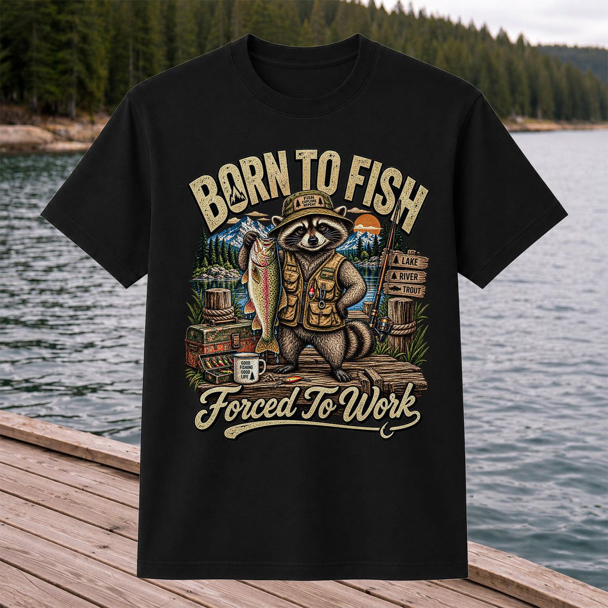 Born to Fish Forced to Work Raccoon and Rainbow Trout Fishing T-Shirt