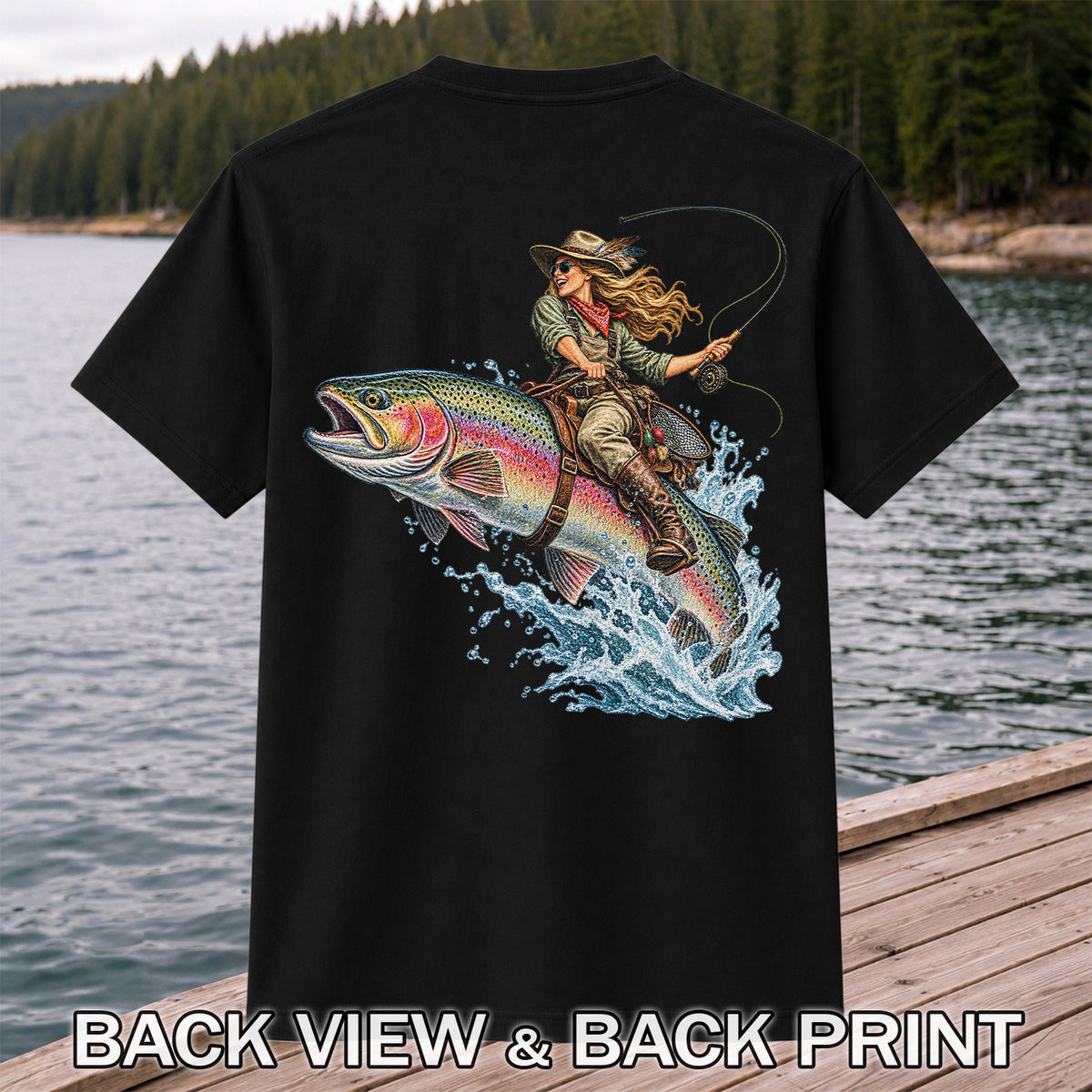 Cowgirl Riding a Rainbow Trout Fly Fishing Graphic T-Shirt | Back Print