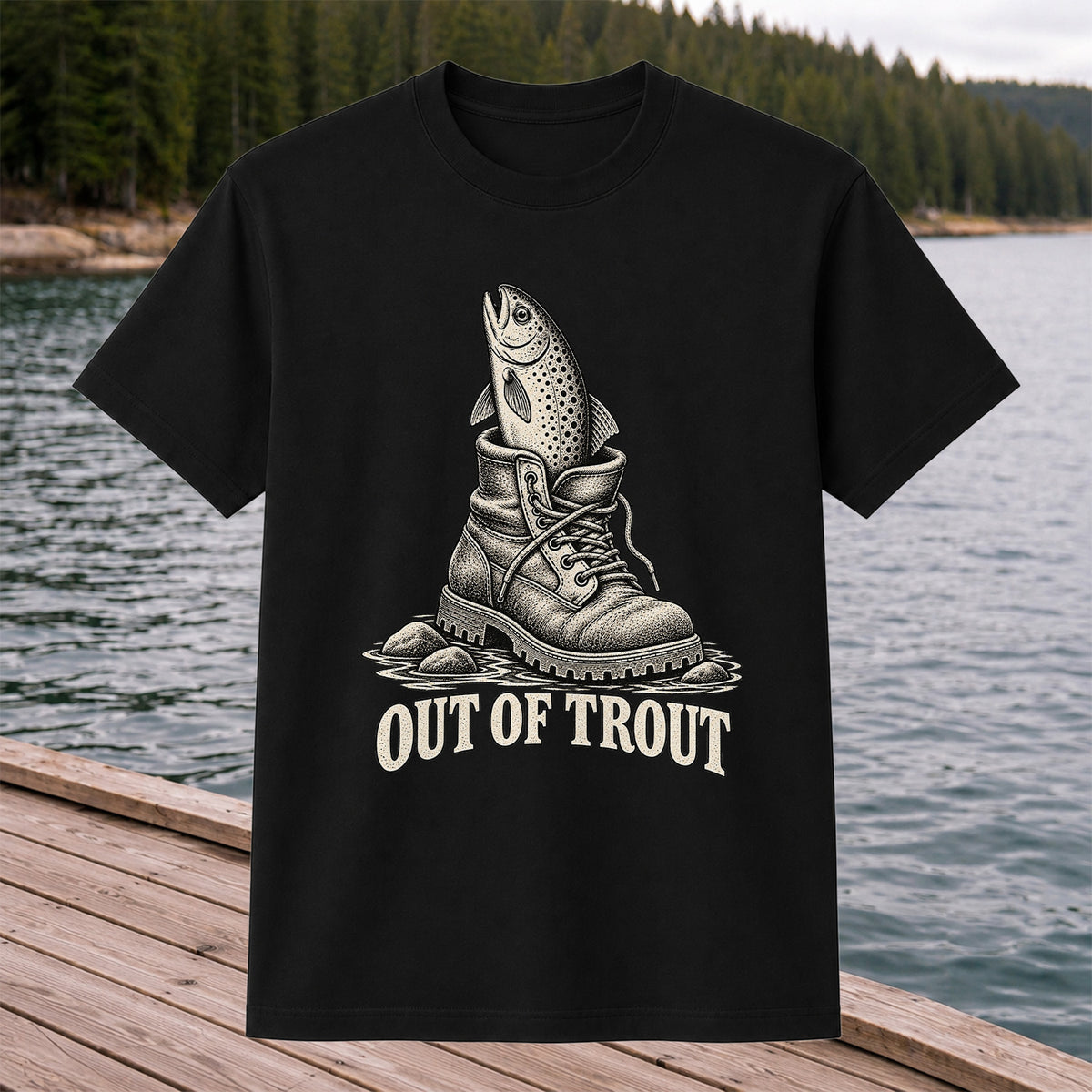 Out of Trout Funny Trout in a Hiking Boot Fishing T-Shirt