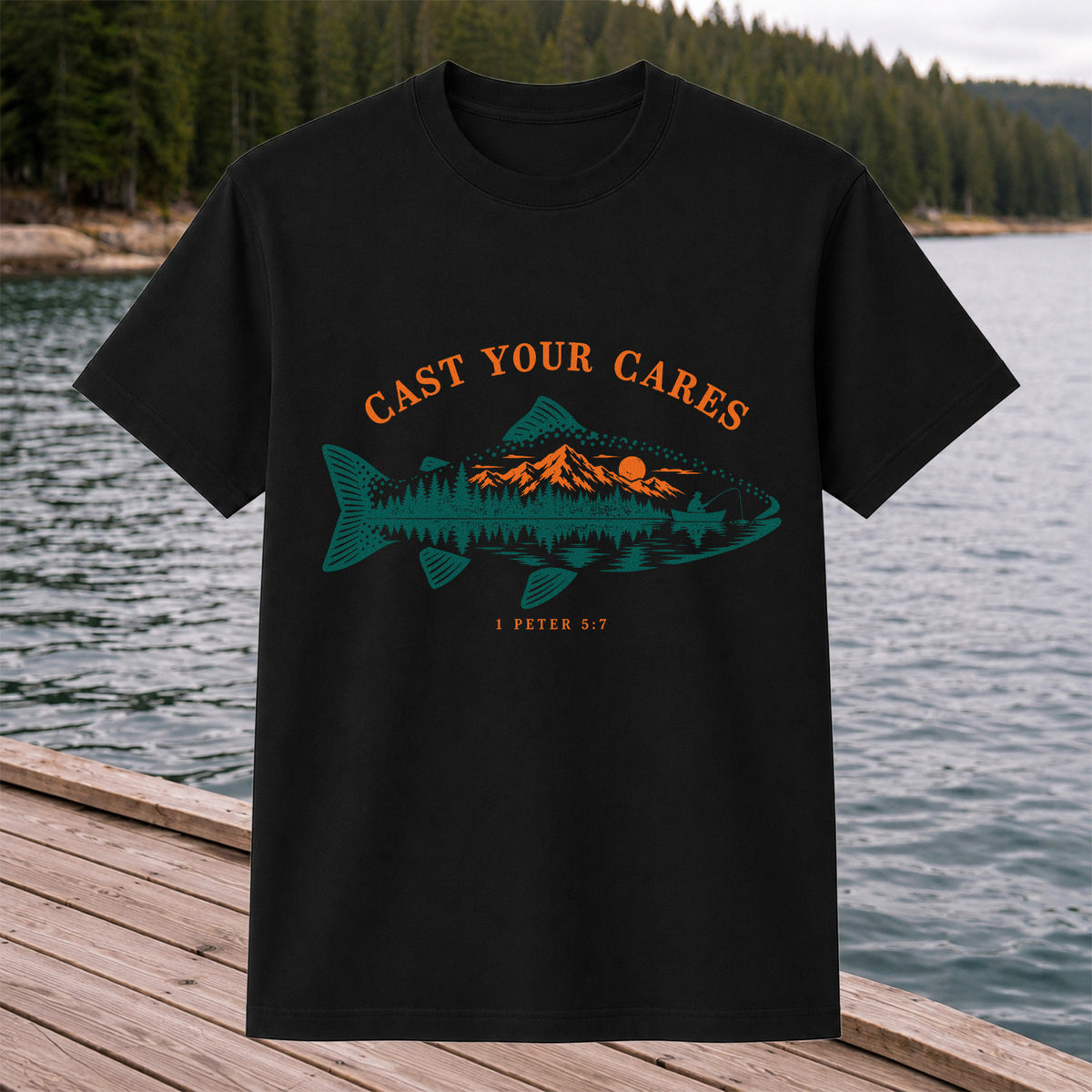 Cast Your Cares 1 Peter 5:7 Fish Silhouette Mountain Lake Fishing T-Shirt