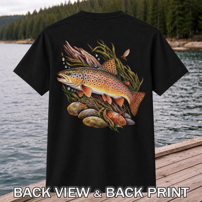 Vintage Brown Trout River Fishing Graphic T-Shirt | Back Print