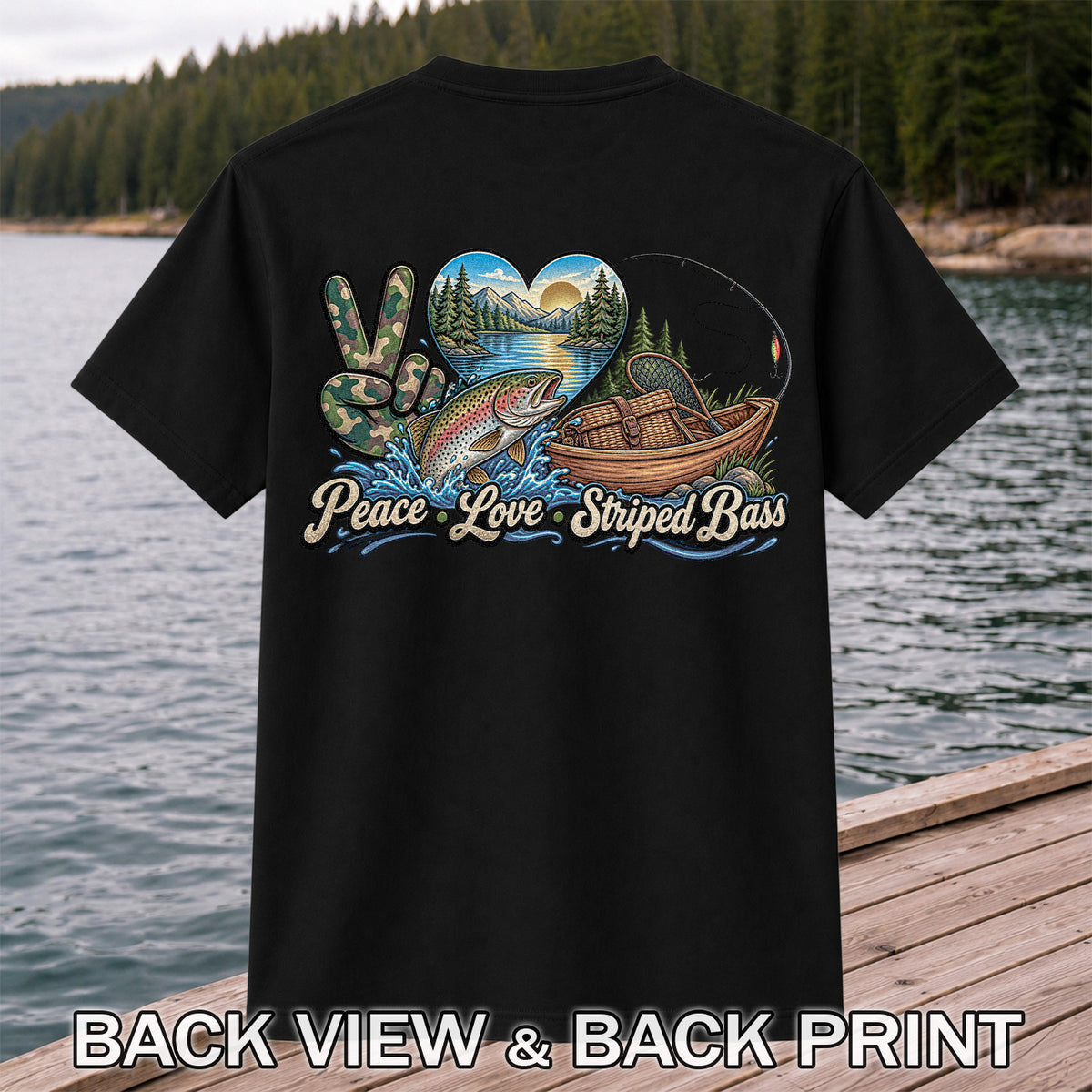 Peace Love Striped Bass Lake and Boat Fishing Graphic T-Shirt | Back Print