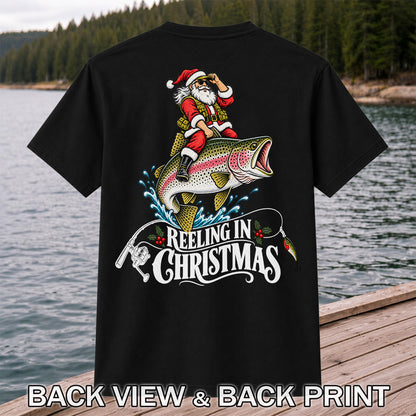 Reeling in Christmas Santa Rainbow Trout Fishing T-Shirt | Back Print