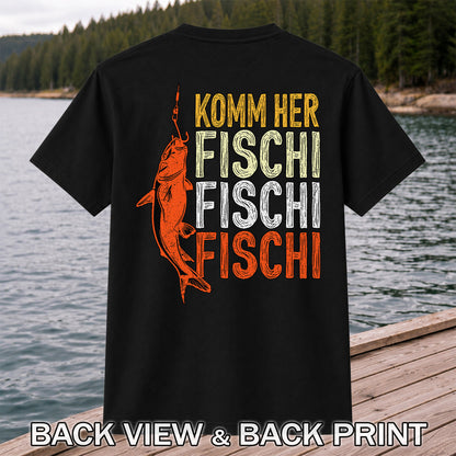 Komm Her Fischi Fischi Funny Catfish Fishing Graphic T-Shirt | Back Print