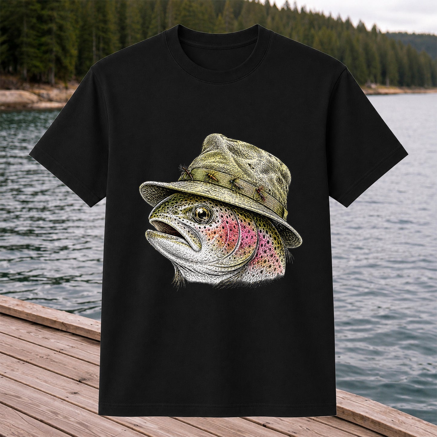 Rainbow Trout Wearing Fishing Hat Graphic T-Shirt