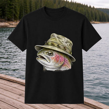 Rainbow Trout Wearing Fishing Hat Graphic T-Shirt