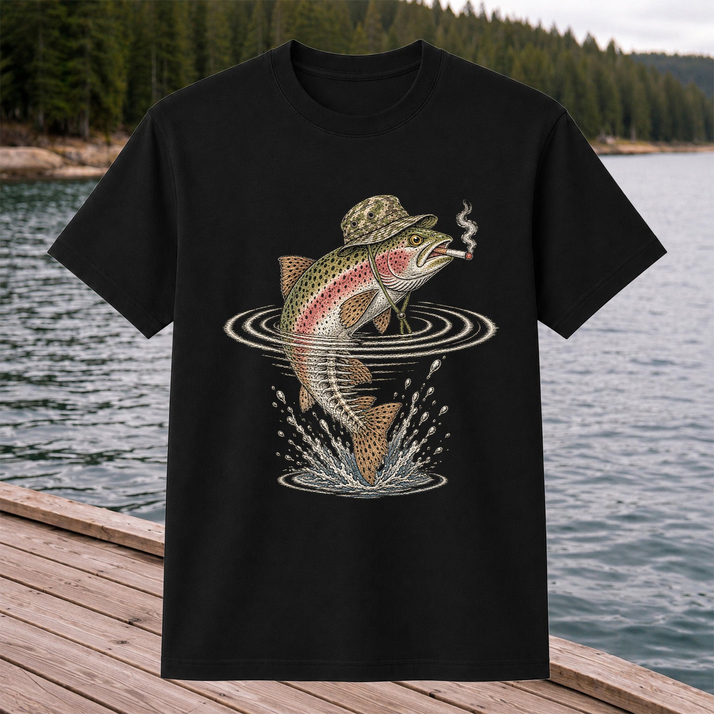 Cigar Smoking Trout in Fishing Hat Graphic T-Shirt