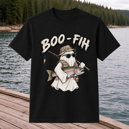 Boo-Fish Ghost Holding Rainbow Trout Fishing Graphic T-Shirt